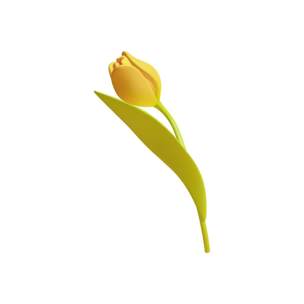 3d Yellow Tulip Flower Cartoon Style. Vector