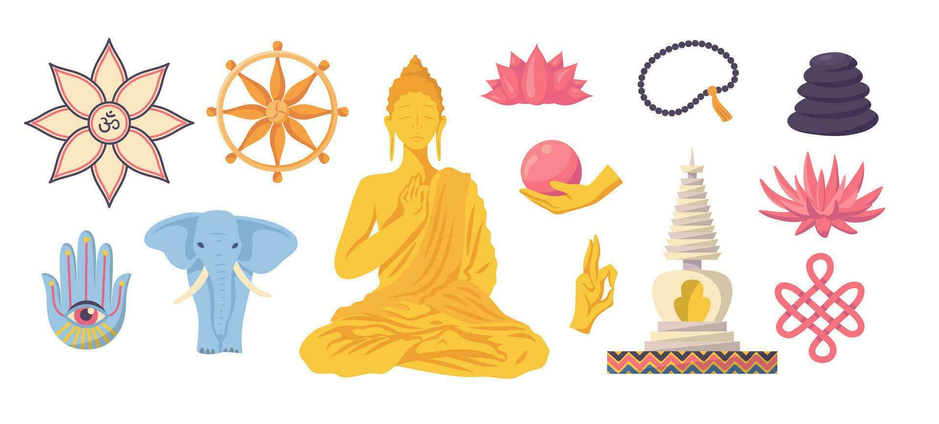 Cartoon Color Buddha Meditation Different Elements Set. Vector