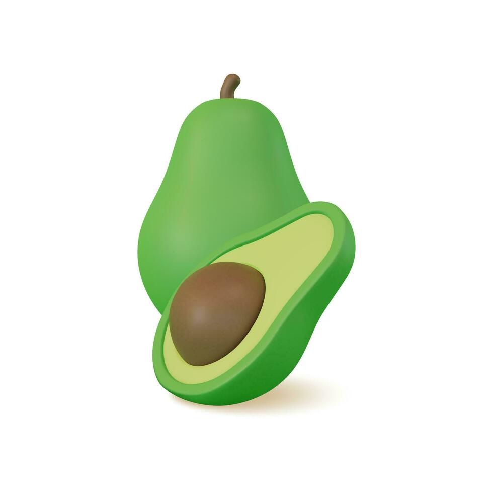 3d Fresh Fruit Whole Avocado and Slices Concept Cartoon Style. Vector