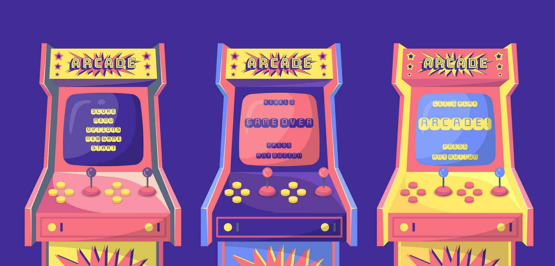 Cartoon Color Retro Arcade Game Machine Set. Vector