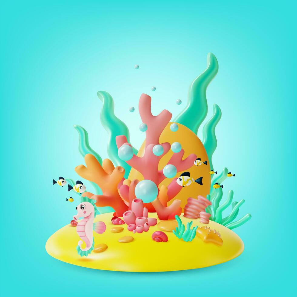 3d Color Underwater World Scene Concept Cartoon Style. Vector