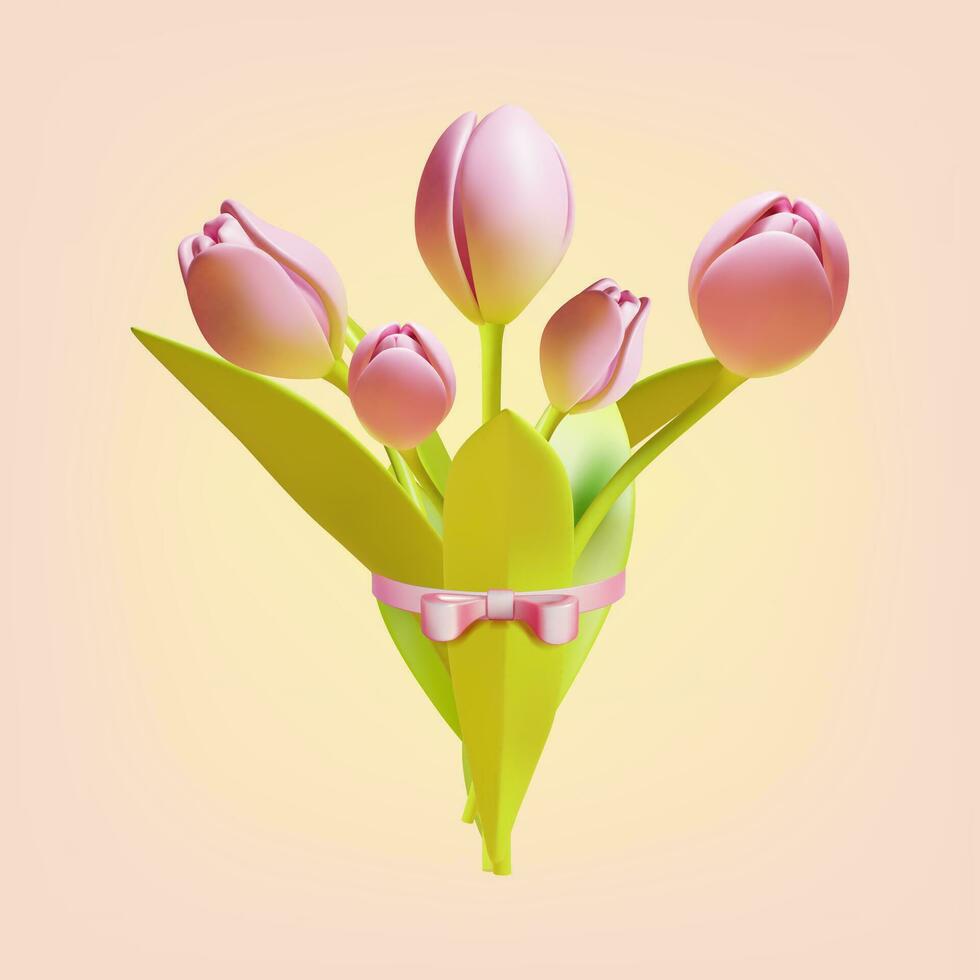 3d Bouquet of Tulips Flowers Cartoon Style. Vector