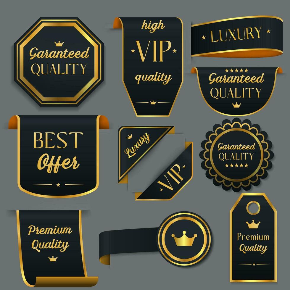 Realistic Detailed 3d Premium Luxury Golden Labels, Banners and Ribbons Set. Vector