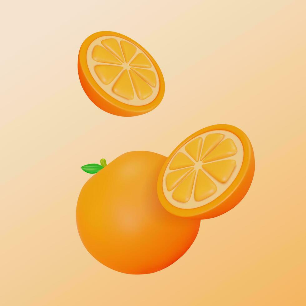 3d Fresh Fruit Whole Orange and Slices Concept Flying Effect Cartoon Style. Vector