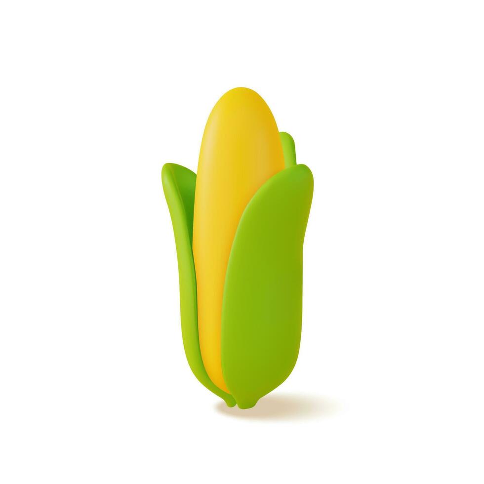 3d Fresh Vegetable Whole Corn Concept Cartoon Style. Vector