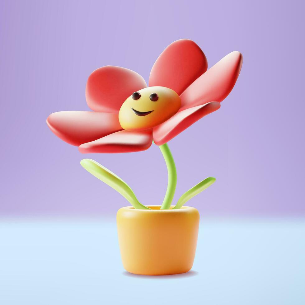 3d Character Mascot Flower Houseplant Cartoon Style. Vector