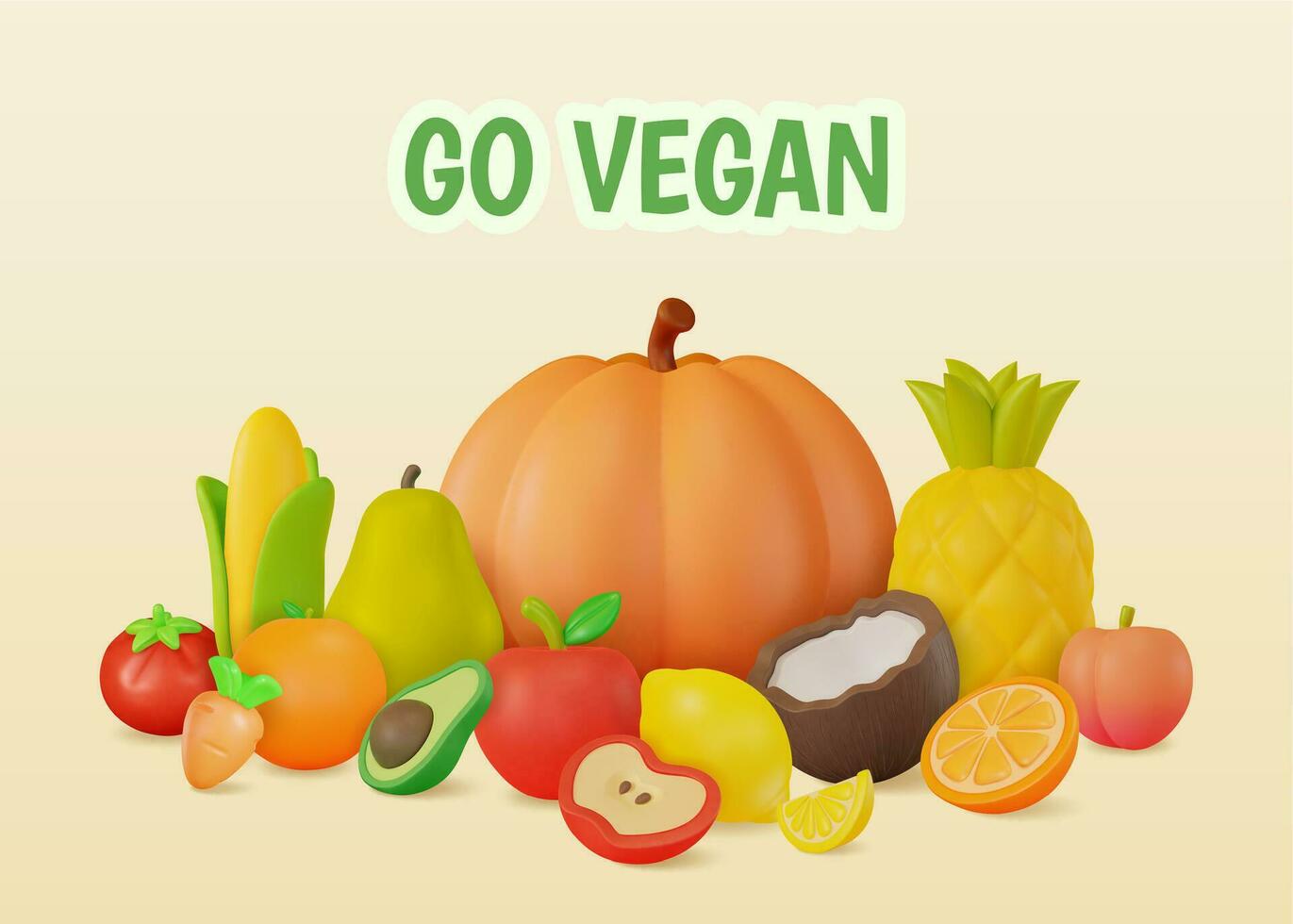 3d Go Vegan Concept Raw Vegetables and Fruits Sign Cartoon Style. Vector