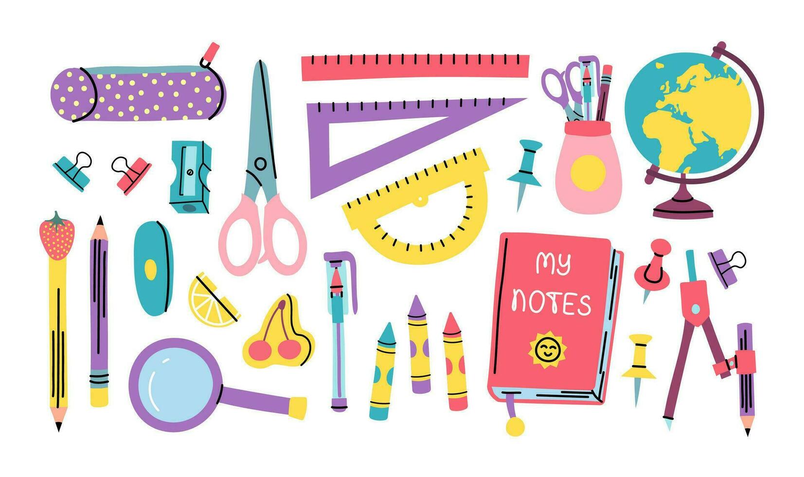 Cartoon Color Cute School Stationery Different Elements Set. Vector