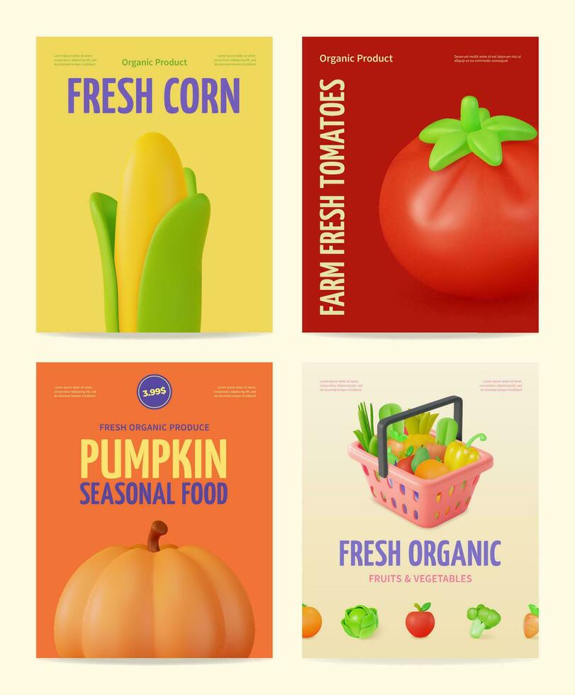 3d Fresh Organic Seasonal Food Placard Poster Banner Card Set Cartoon Style. Vector