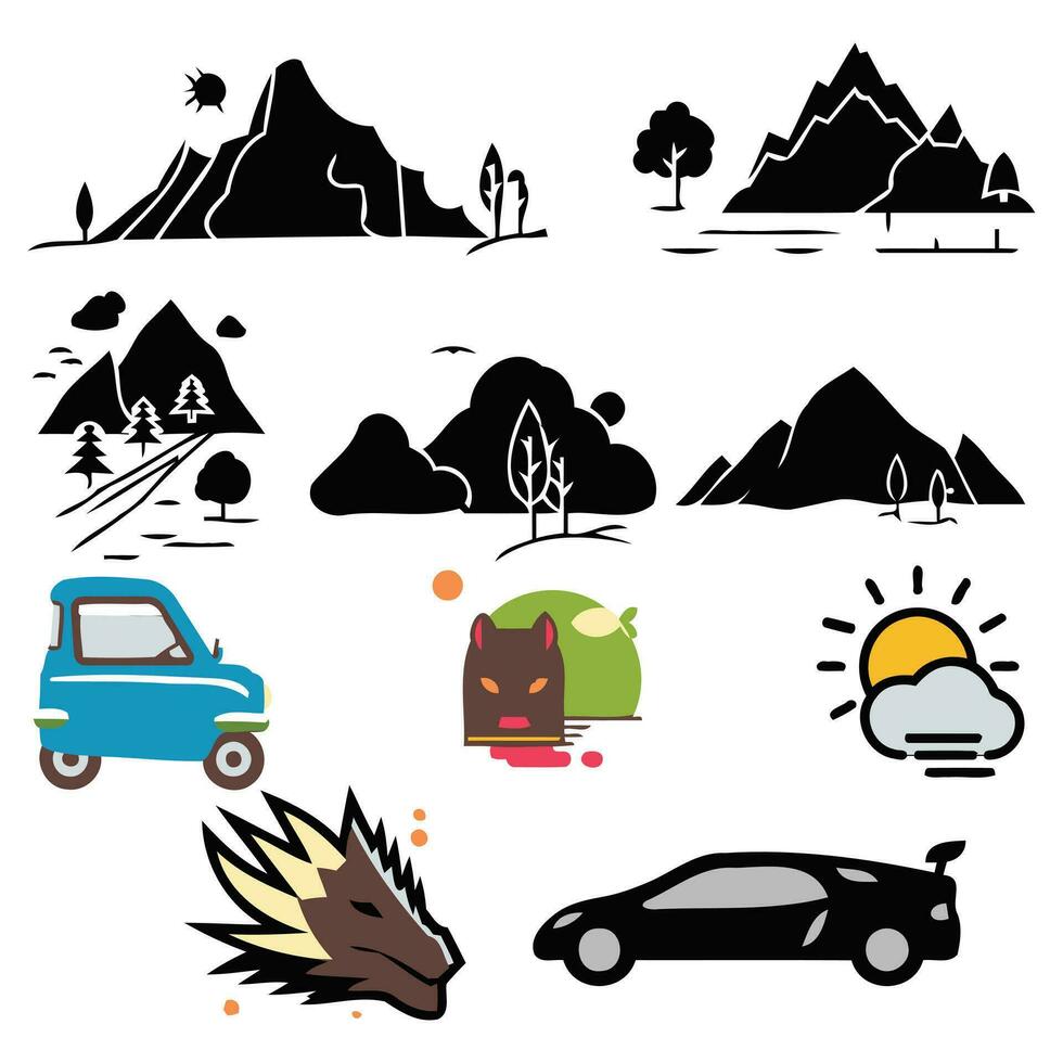 Car, mountain, sunset vector icons