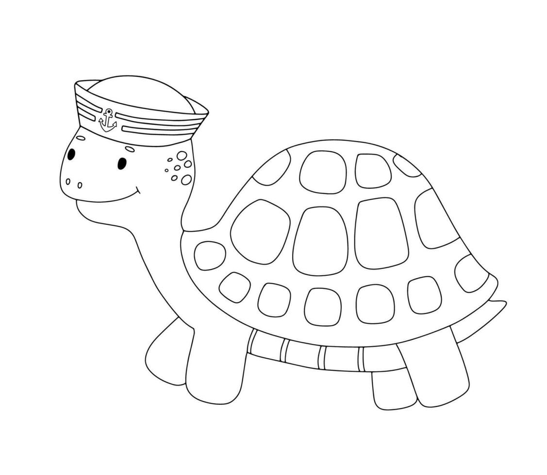 Cute doodle turtle character isolated on white. Vector outline nautical illustration for coloring page