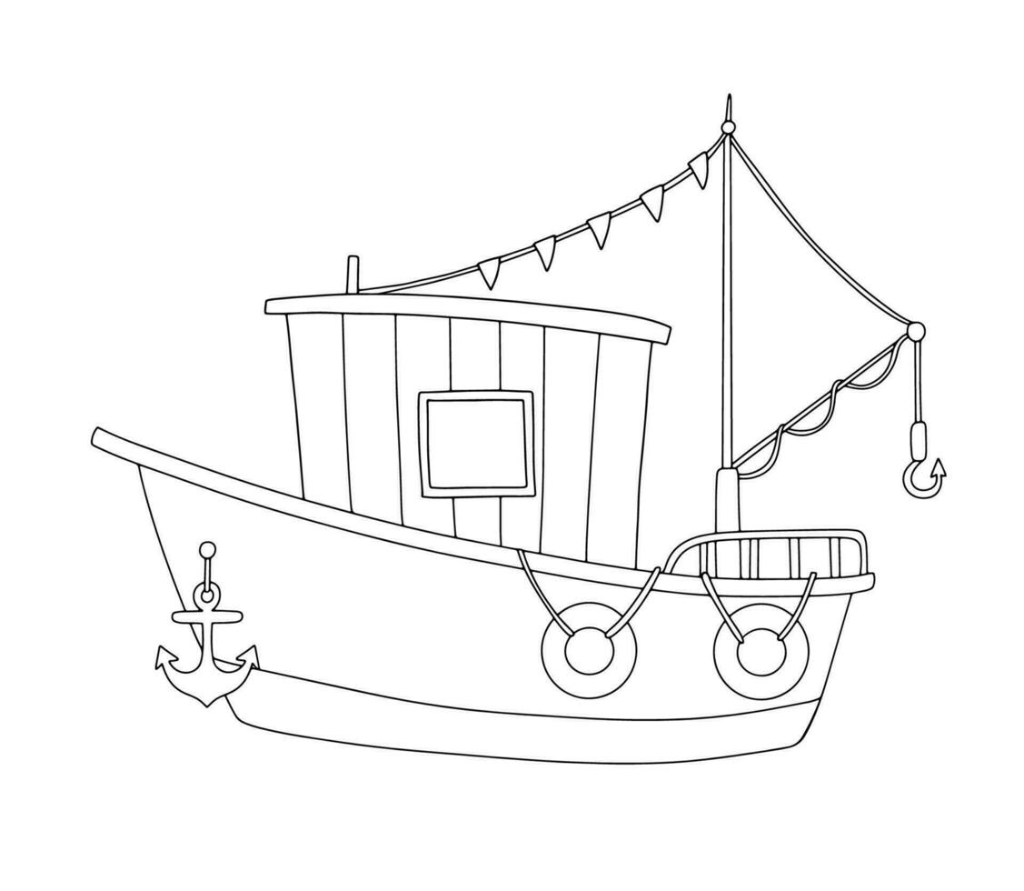 Cute line fishing boat illustration isolated on white. Funny ship sailing on sea. Vector doodle sketch for coloring page