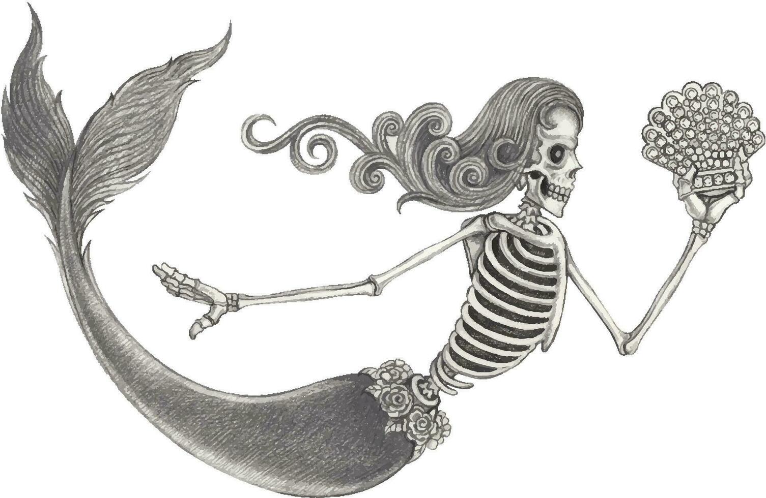 Mermaid skull hand drawing and make graphic vector. vector