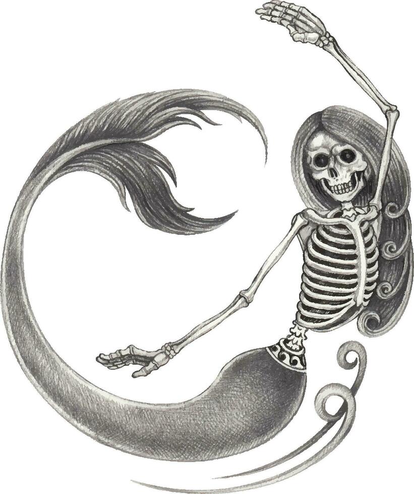 Mermaid skull hand drawing and make graphic vector. vector