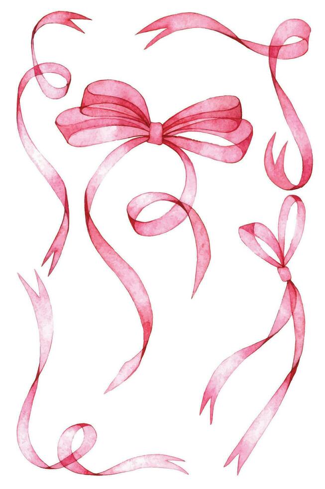 watercolor drawing, set of transparent ribbons and bows in pink color. holiday decoration collection vector