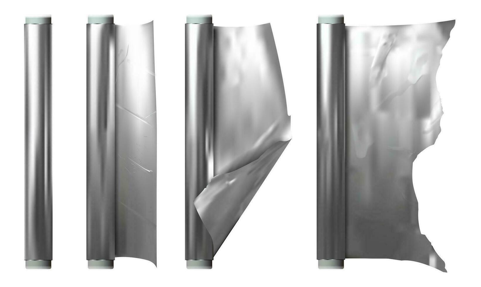 Realistic Detailed 3d Roll of Silver Aluminium Foil Set. Vector