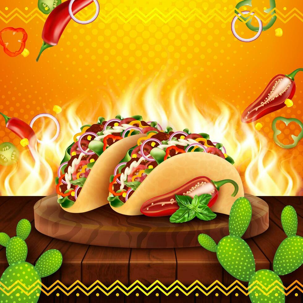 Realistic Detailed 3d Tacos Mexican Food on a Background. Vector