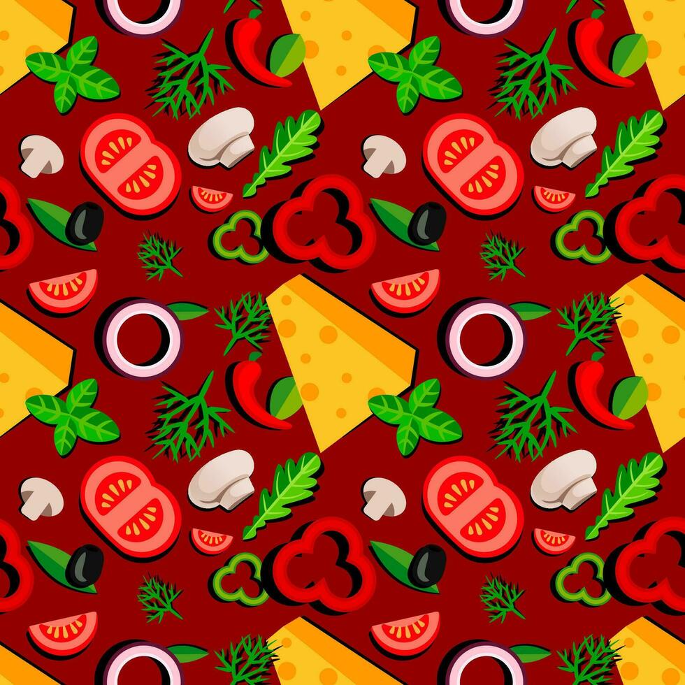 Cartoon Color Ingredients Pizza Seamless Pattern Background. Vector
