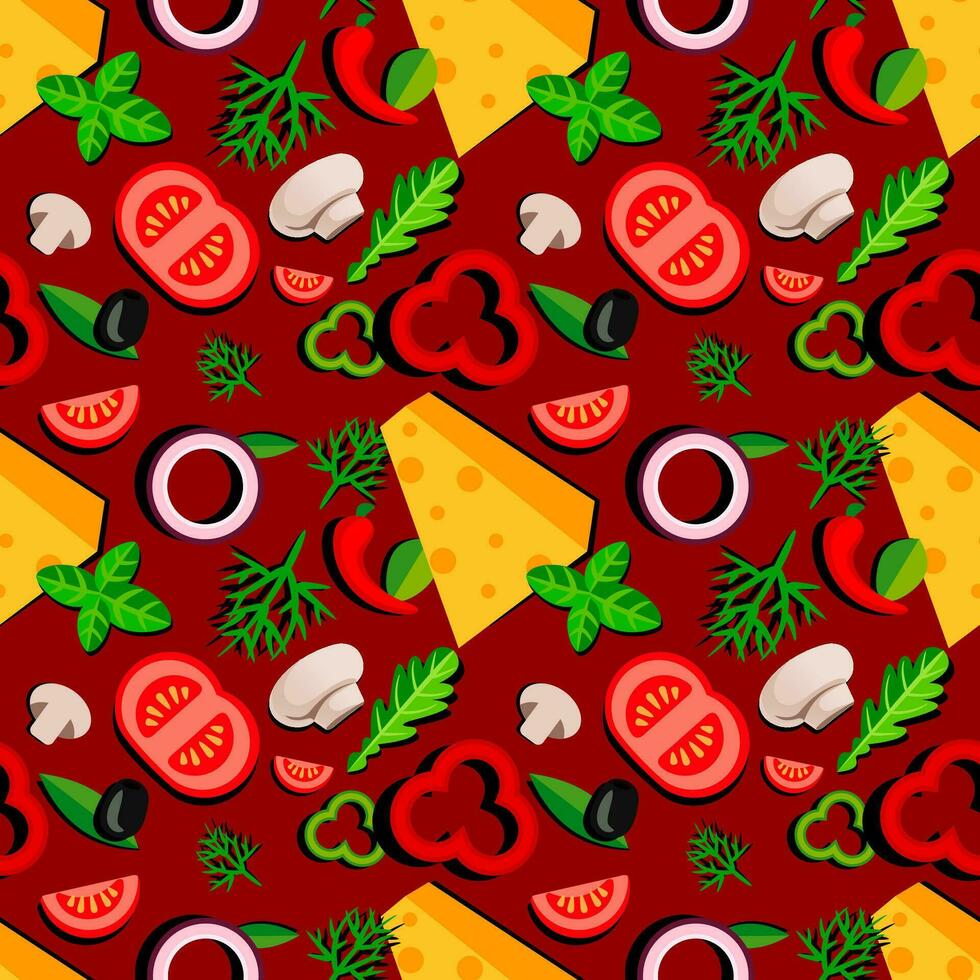 Cartoon Color Ingredients Pizza Seamless Pattern Background. Vector