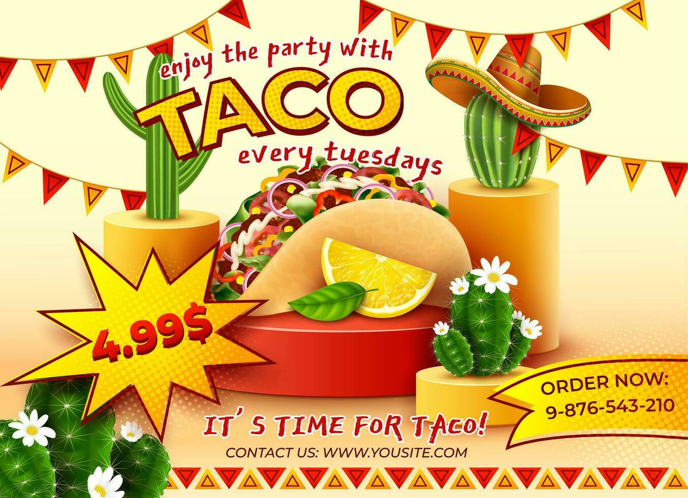 realista detallado 3d tacos mexicano comida fiesta cada jueves anuncios bandera concepto póster tarjeta. vector