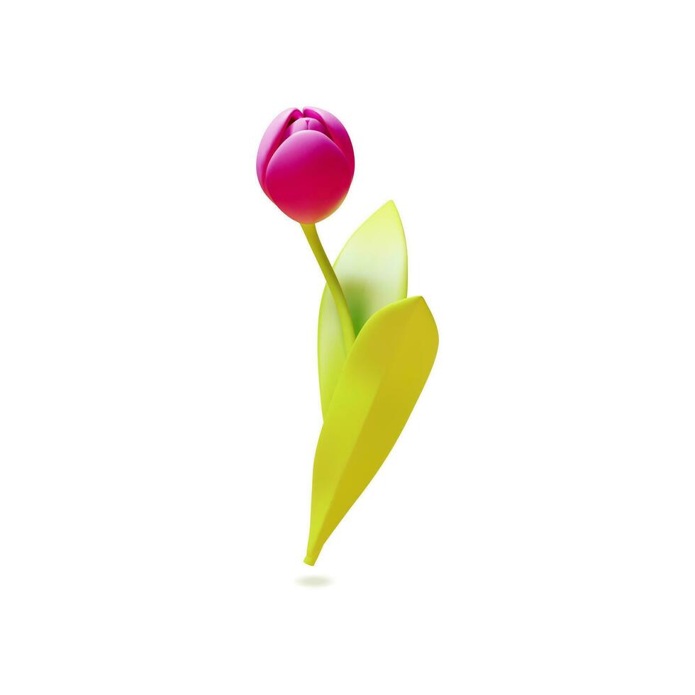 3d Pink Tulip Flower Cartoon Style. Vector