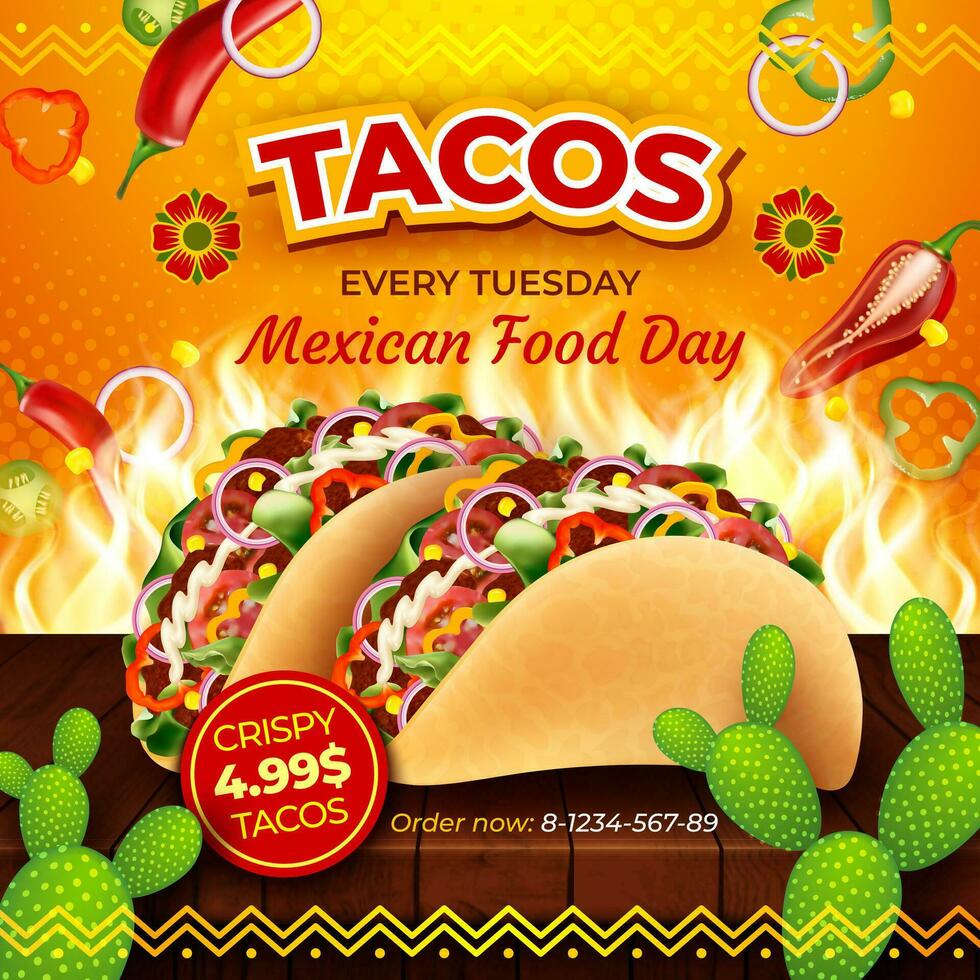 Realistic Detailed 3d Tacos Mexican Food Day Ads Banner Concept Poster Card. Vector