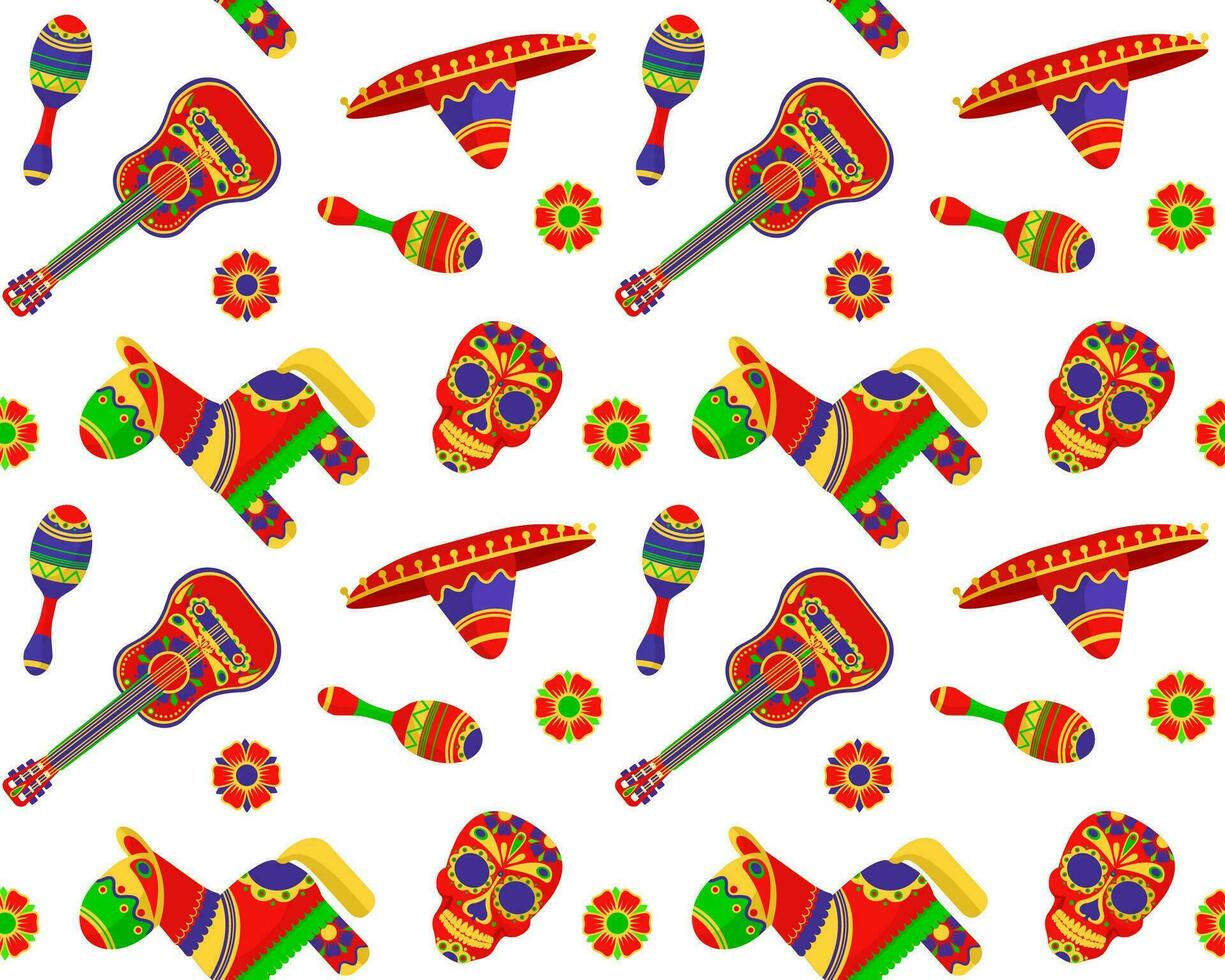 Cartoon Color Mexican Fiesta Seamless Pattern Background. Vector