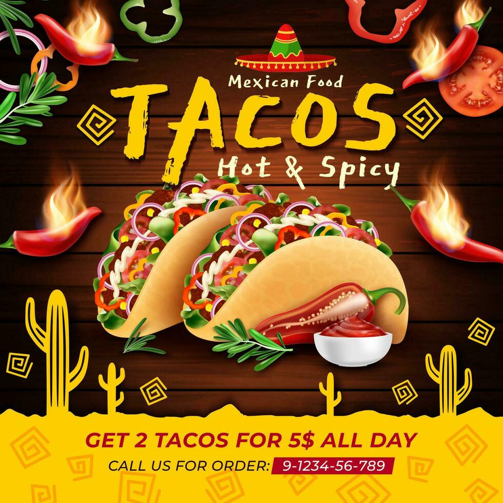 Realistic Detailed 3d Tacos Mexican Food Day Hot and Spicy Ads Banner Concept Poster Card. Vector