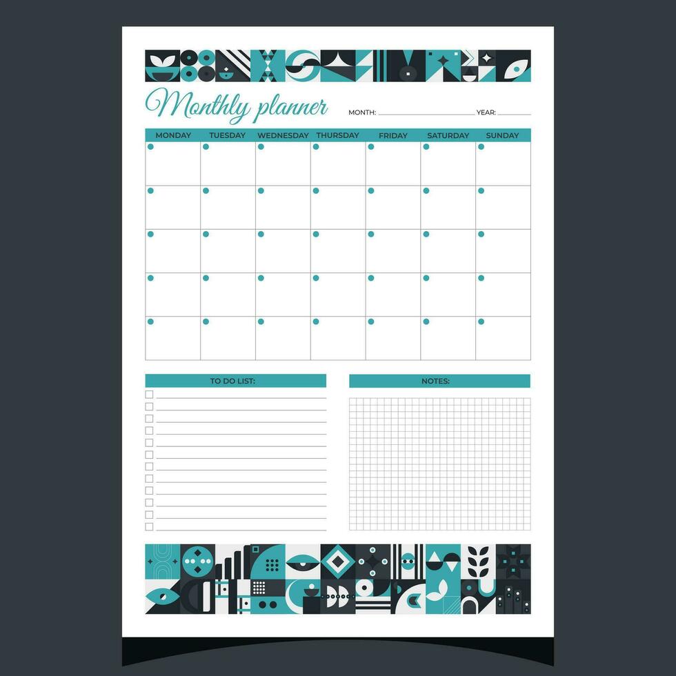 Monthly planner geometric. Monthly planner printable template with geometric shapes. Blank white notebook page A4. Vector illustration.