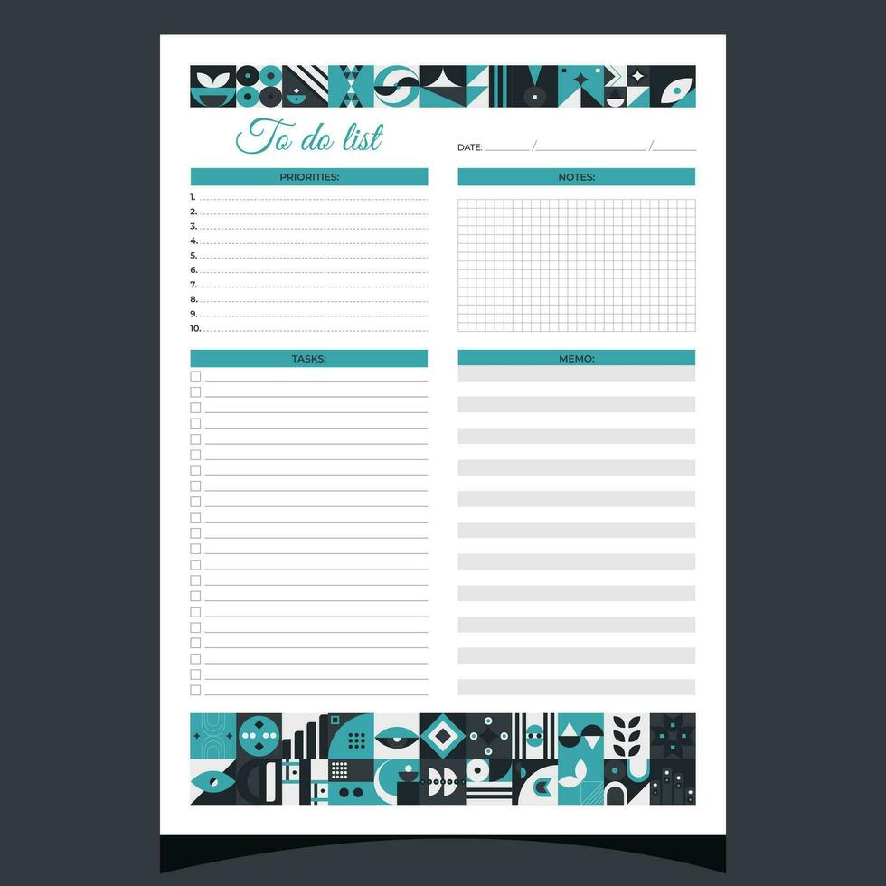 To do list geometric. To do list printable template with geometric shapes. Blank white notebook page A4. Vector illustration.