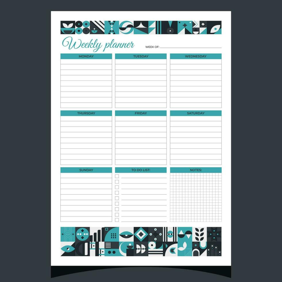Weekly planner geometric. Weekly planner printable template with geometric shapes. Blank white notebook page A4. Vector illustration