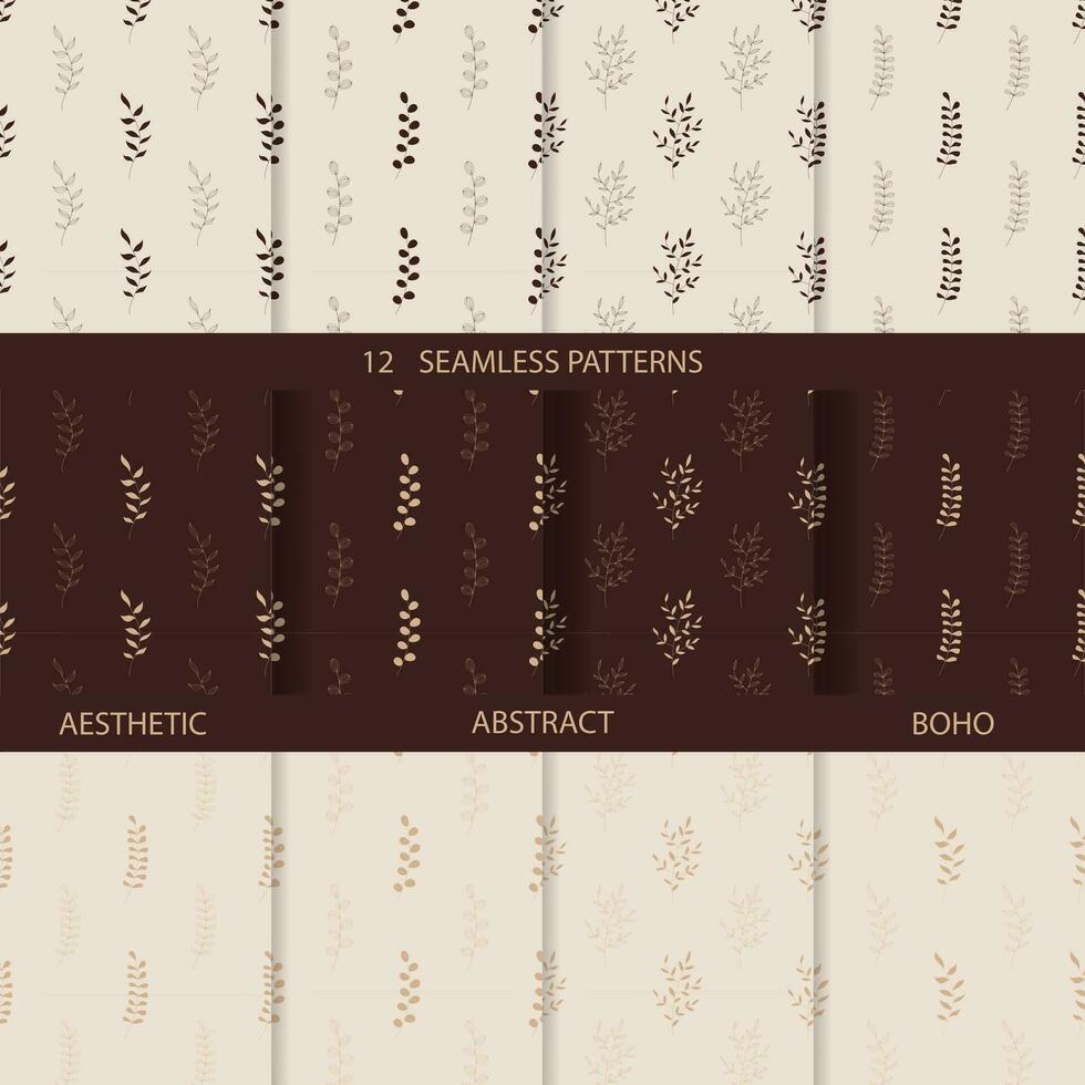 Aesthetic patterns. Boho patterns. Set of seamless pattern with leaves in boho and aesthetic style. Vector Illustration.