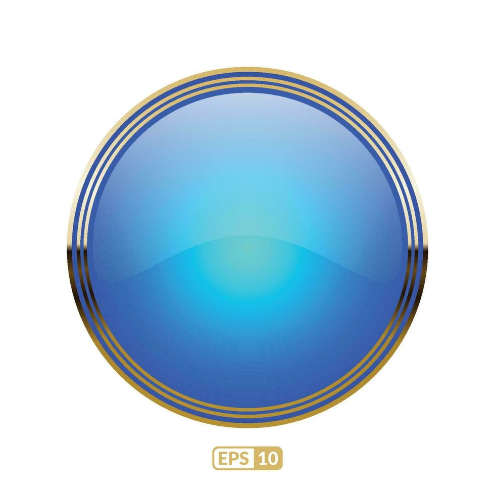 A blue button with a gold border on a white background. Luxury royal blue glossy button. vector