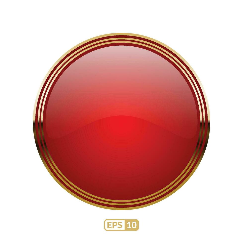 Red glossy button with gold border on white background. Luxury red glossy button. vector
