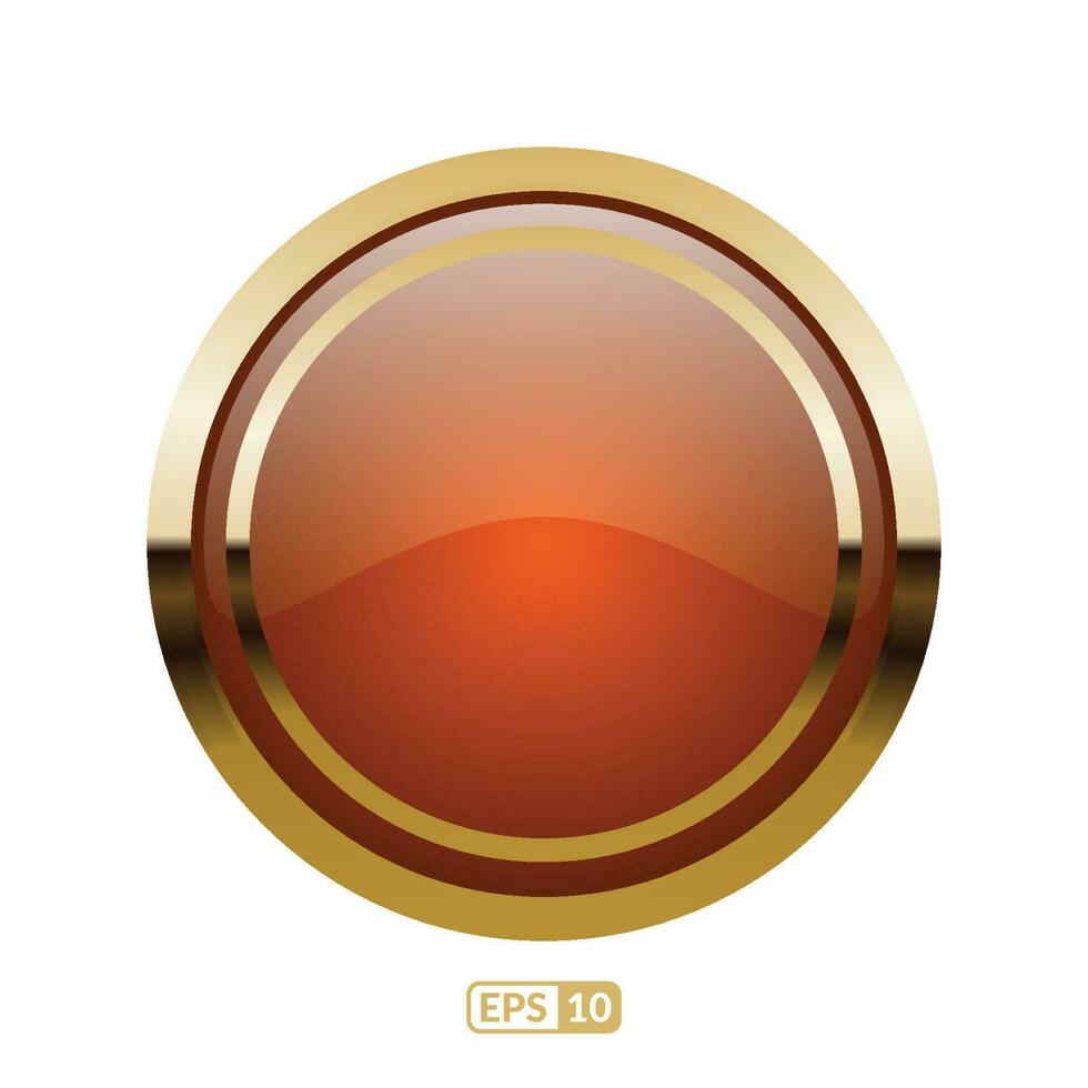 Red button with gold frame on white background. Red luxury circle button. vector