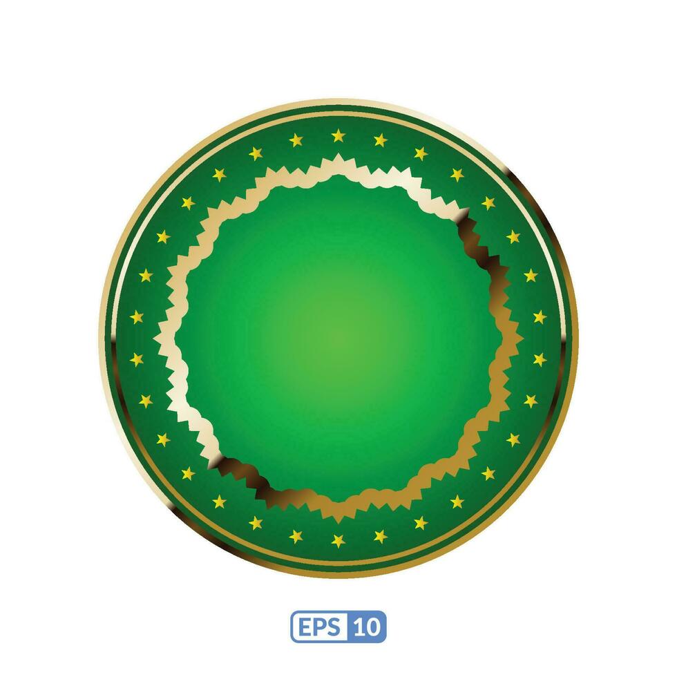 Gold frame round green label badge. vector