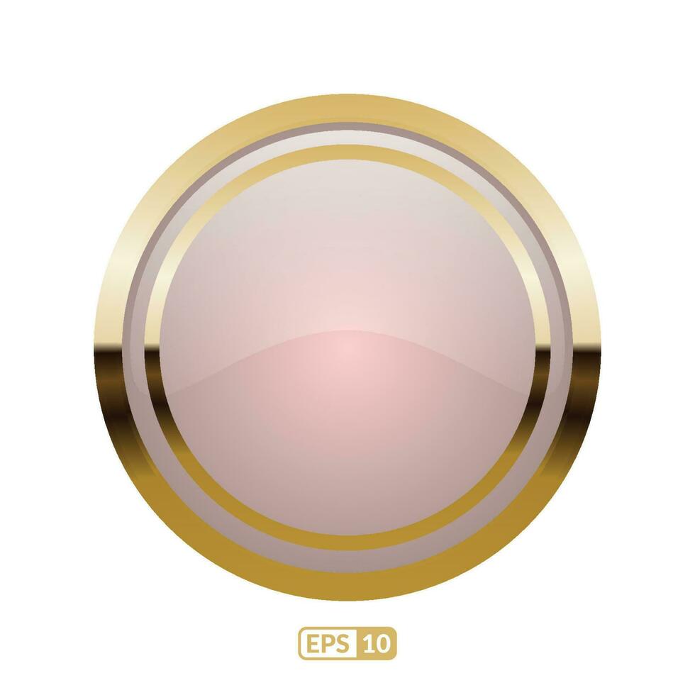 A pink button with gold frame on a white background. Ivory creamy luxury circle button. vector