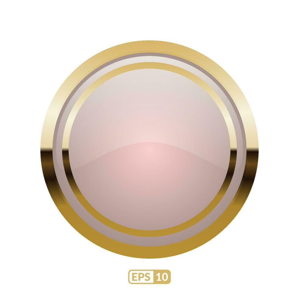 A pink button with gold frame on a white background. Ivory creamy luxury circle button. vector