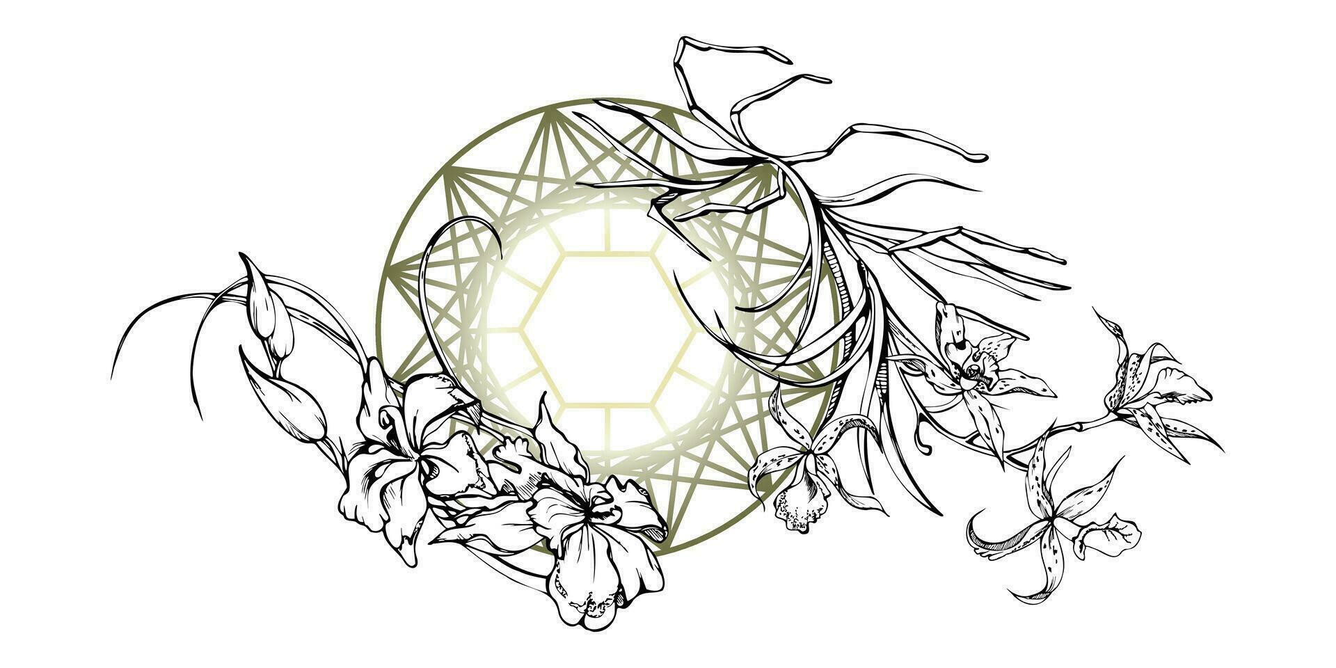 Hand drawn vector ink orchid flowers and branches, monochrome, detailed outline. Composition with crystal form. Isolated on white background. Design for wall art, wedding, print, tattoo, cover, card.
