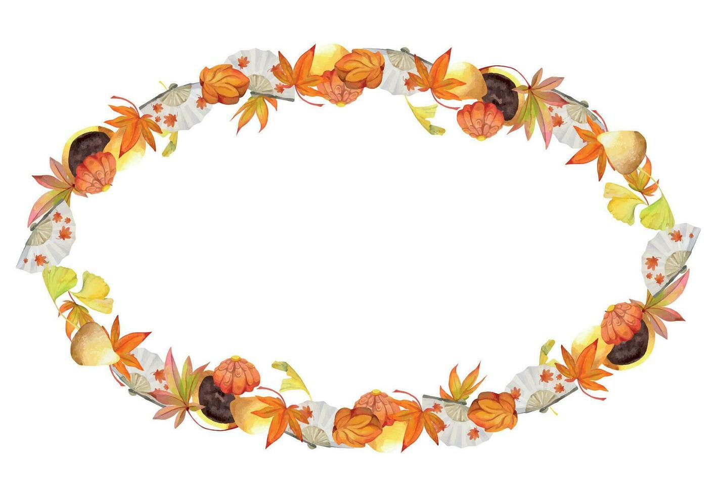 Watercolor hand drawn traditional Japanese sweets. Circle wreath of autumn wagashi with leaves. Isolated on white background. Design for invitations, restaurant menu, greeting cards, print, textile vector