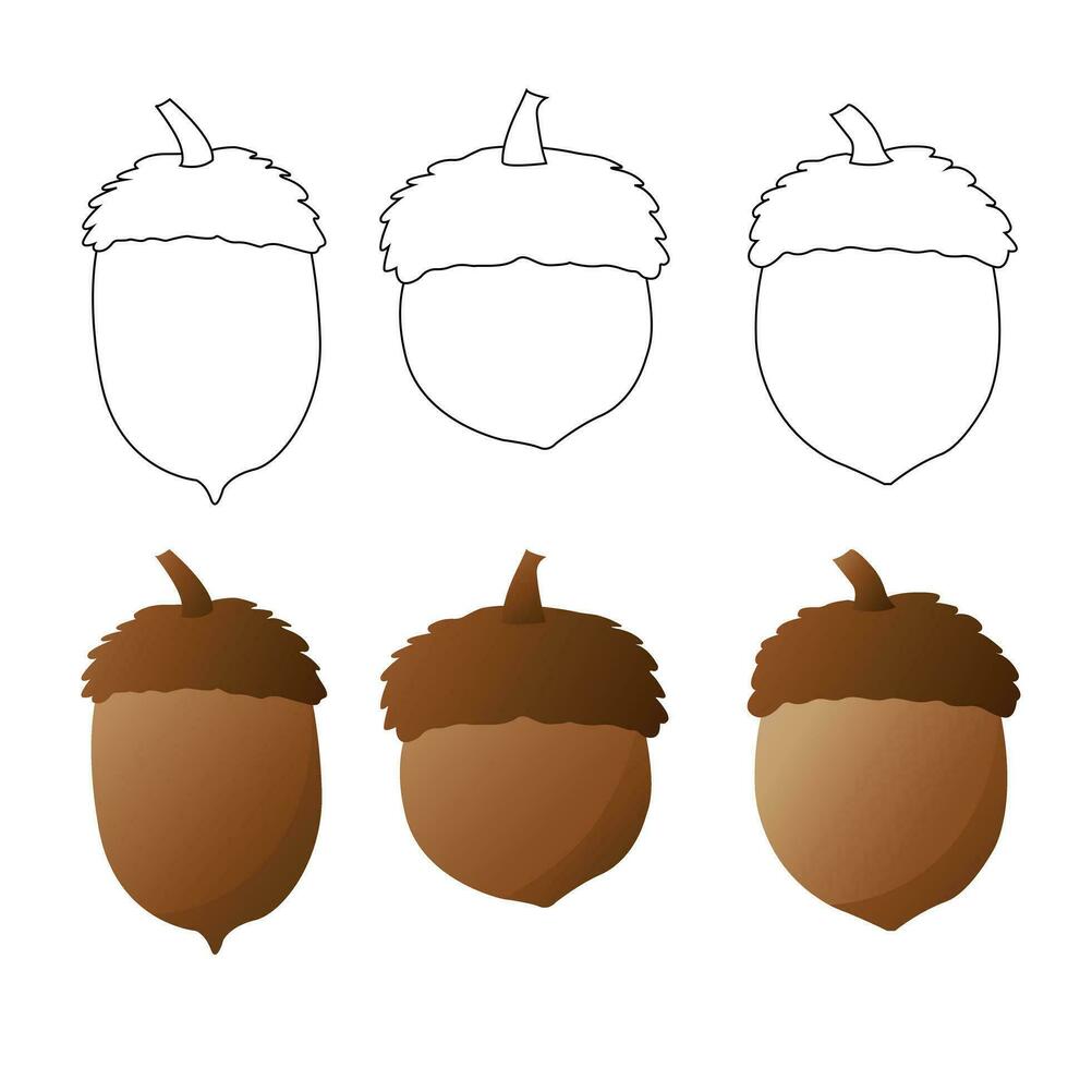 Acorn oak icons set. Outline set of acorn oak vector icons for web design, sign, seasonal decor. Autumn season symbol, thick white outline, simple doodle design element.Vector illustration