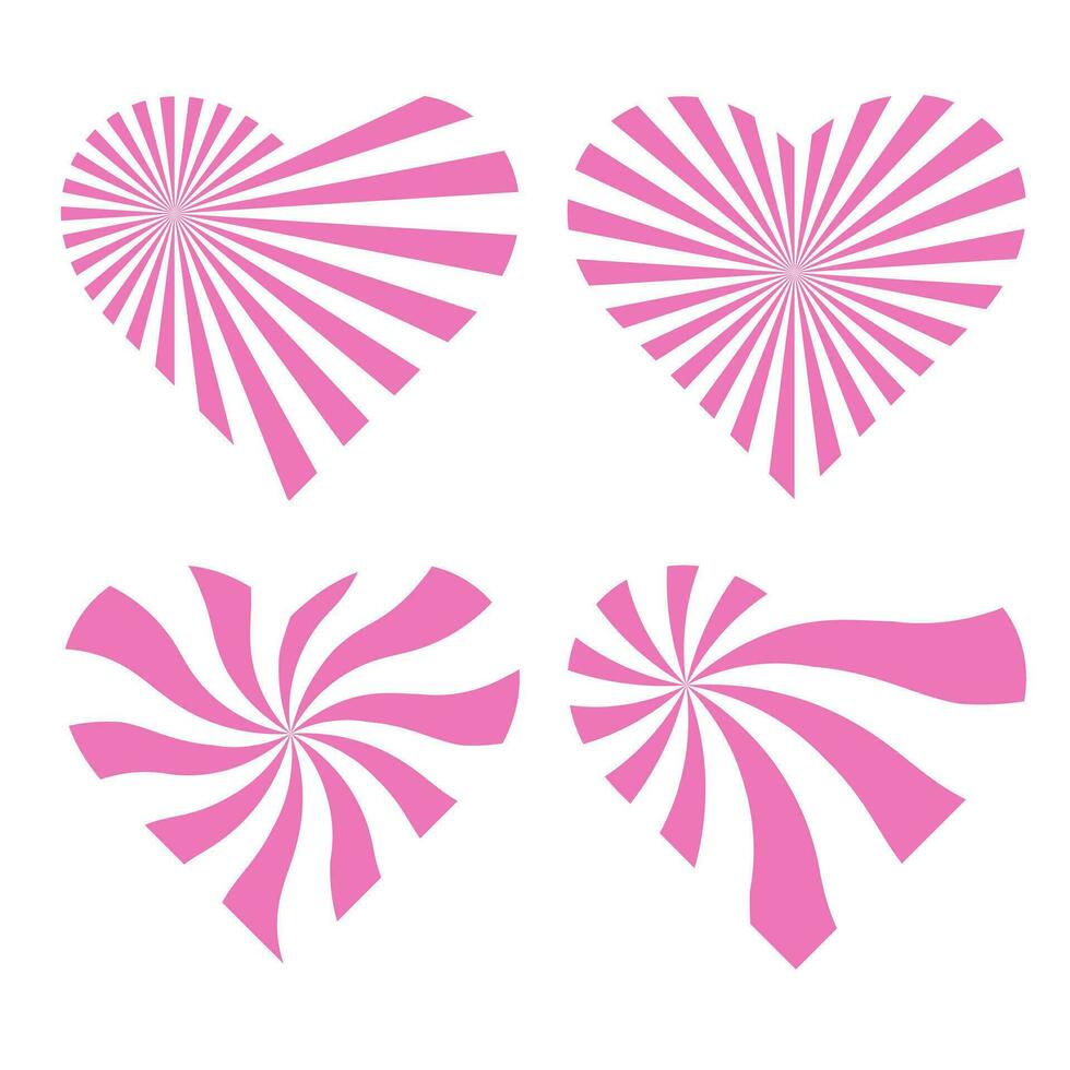 Set pink candy Hearts swirl rays on white background.Love Concept. Happy valentines day, women day holiday, dating invitation, wedding or marriage greeting card design. Vector romantic