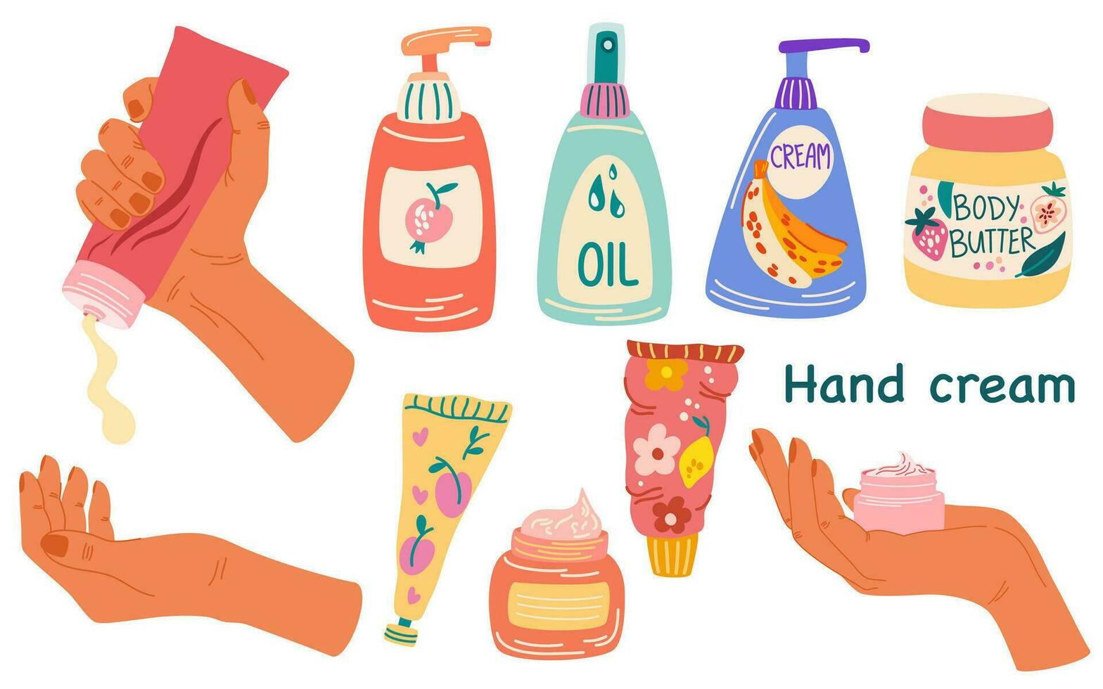 Hand cream set. Skincare. Close up set of woman hands apply cream from tube. Flat vector illustration.