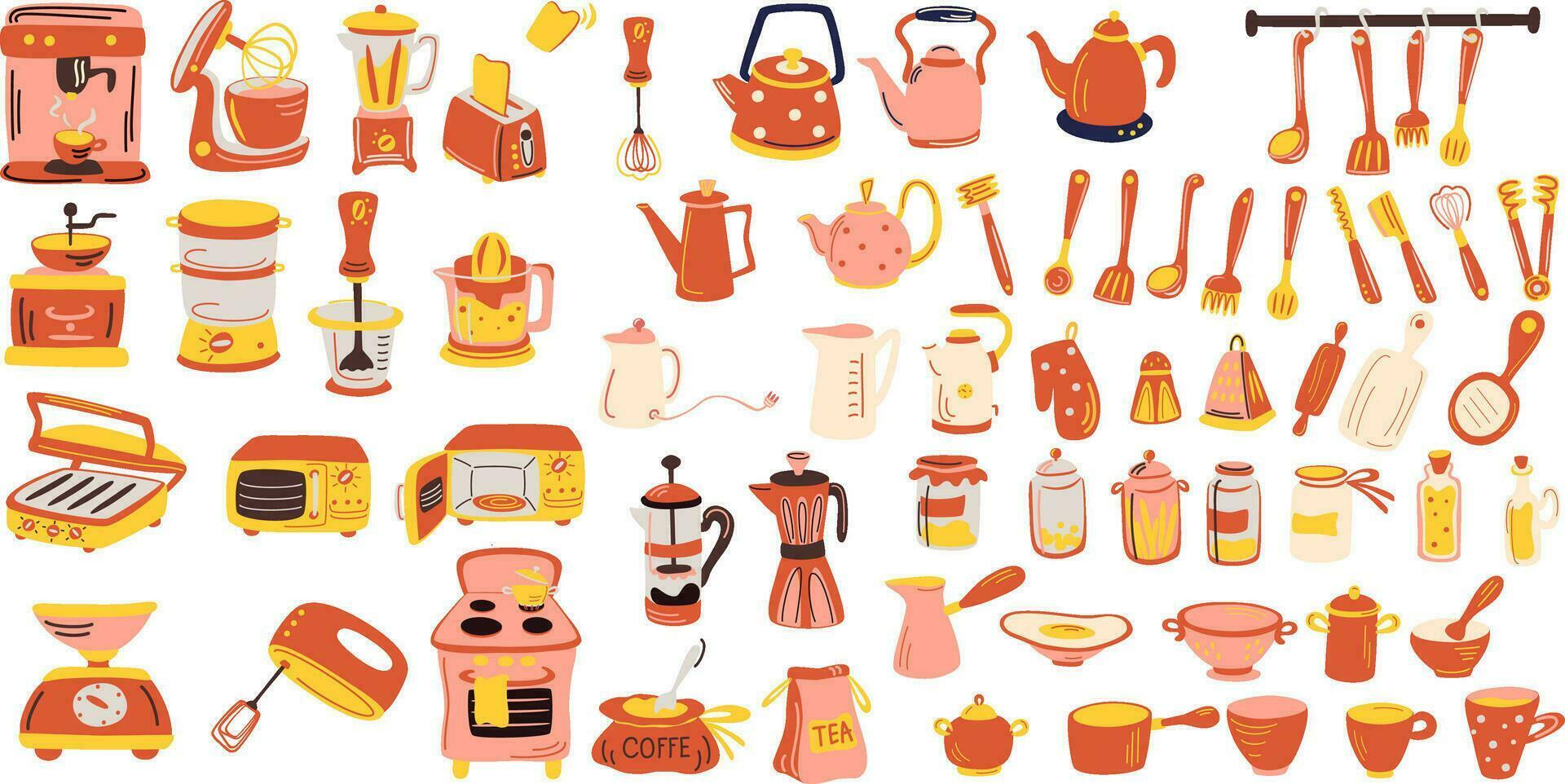 batería de cocina colocar. cocina utensilios, herramientas, equipo y cuchillería para cocinando. cocinar accesorios y accesorios recopilación. plano vector ilustraciones de utensilios de cocina objetos aislado en blanco antecedentes