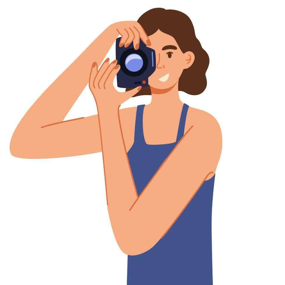 Videographer. Young woman holding photo camera. Mass Media Tv Show, Program Broadcast.  Freelance work of hobby. Vector flat illustration isolated on the white background.