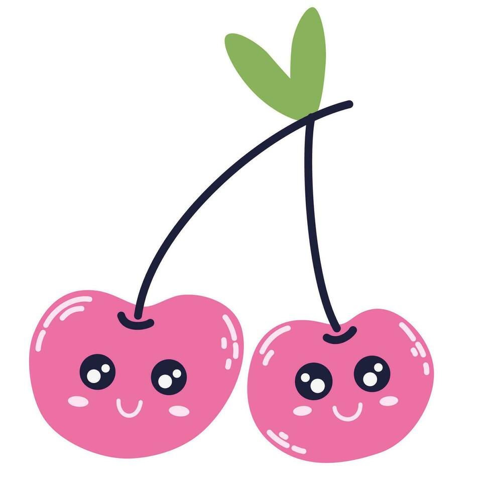Cherry character icon with smiley face. Cute fruit. Vector illustrations for kids isolated on the white background.