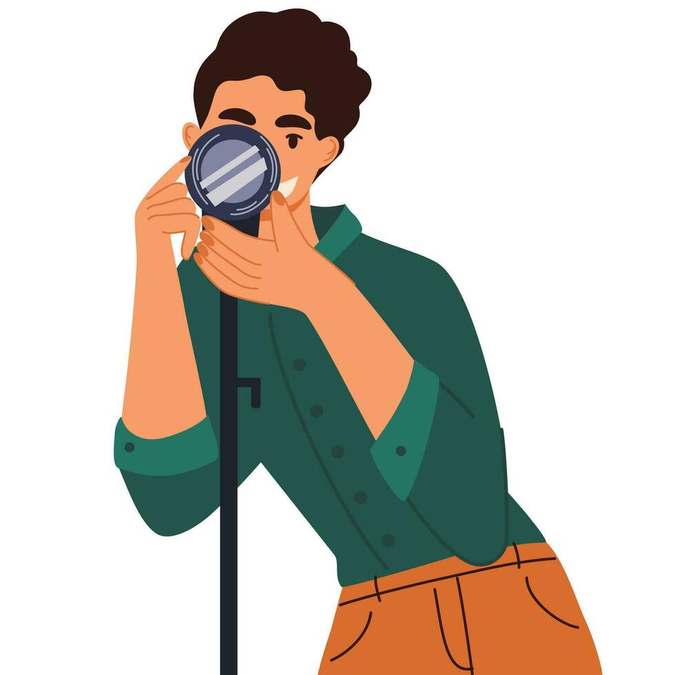 Videographer. Man using camera, video making, filming event, production service, small business, self-employed specialist, freelance work. Mass Media Tv Show, Program Broadcast.  Vector illustration