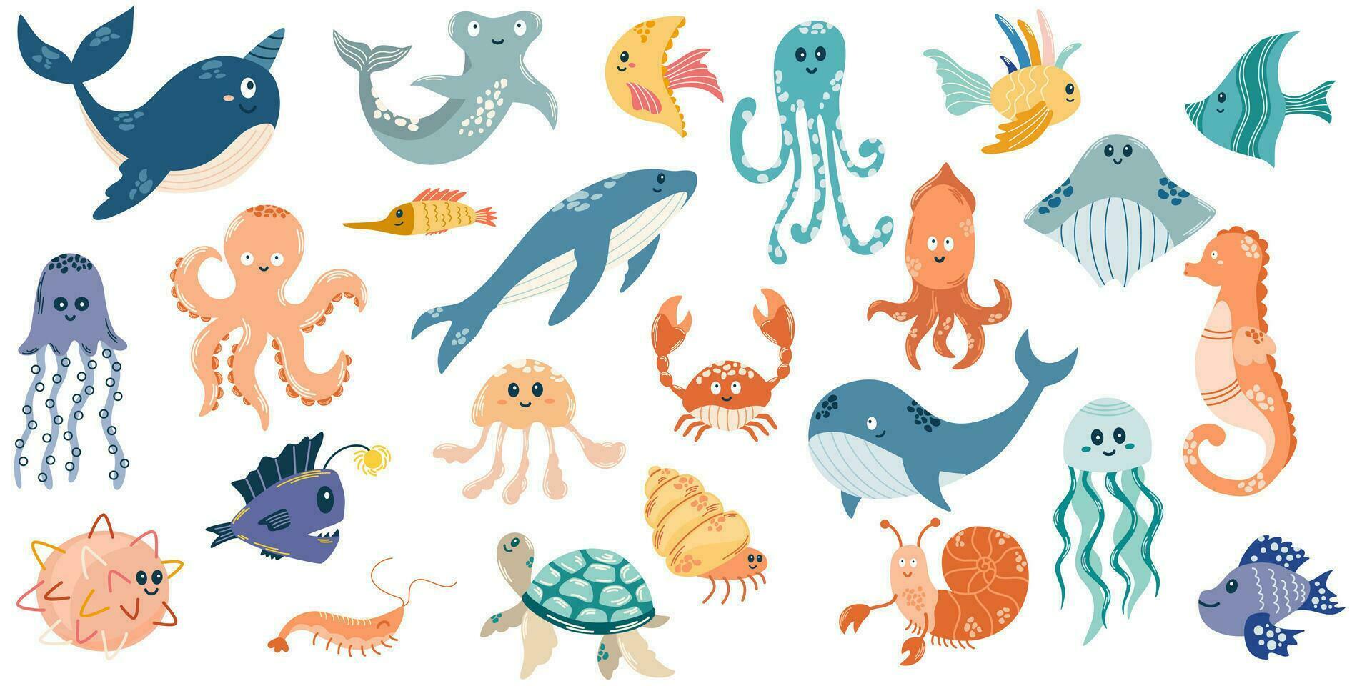 Fish and wild marine animals big collection. Set with hand drawn sea life elements. Vector doodle cartoon illustration of marine life objects for your design.