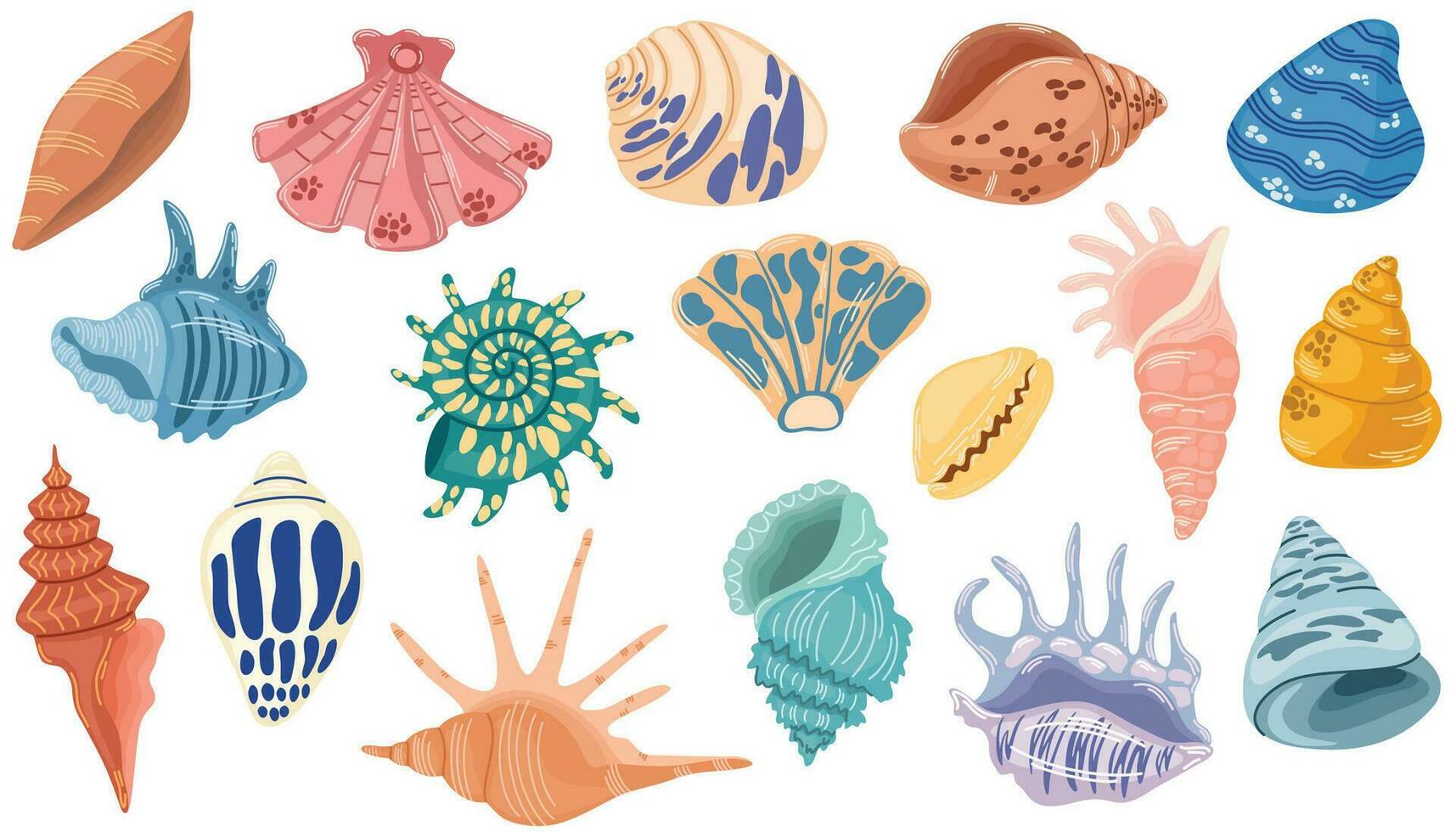 Seashell set. Various mollusk seashells different forms, starfish, coral. Underwater flora, sea plants. Summer vacation collection, tropical beach shells. Vector illustration.