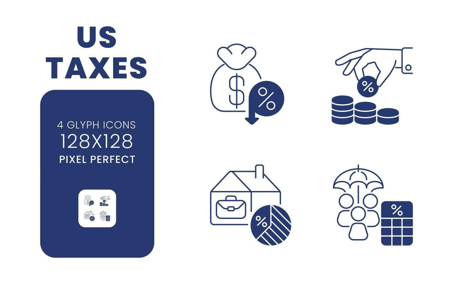 US taxes black solid desktop icons pack. Deductions and exemptions. Income taxation. Pixel perfect 128x128, outline 2px. Symbols on white space. Glyph pictograms. Isolated vector images
